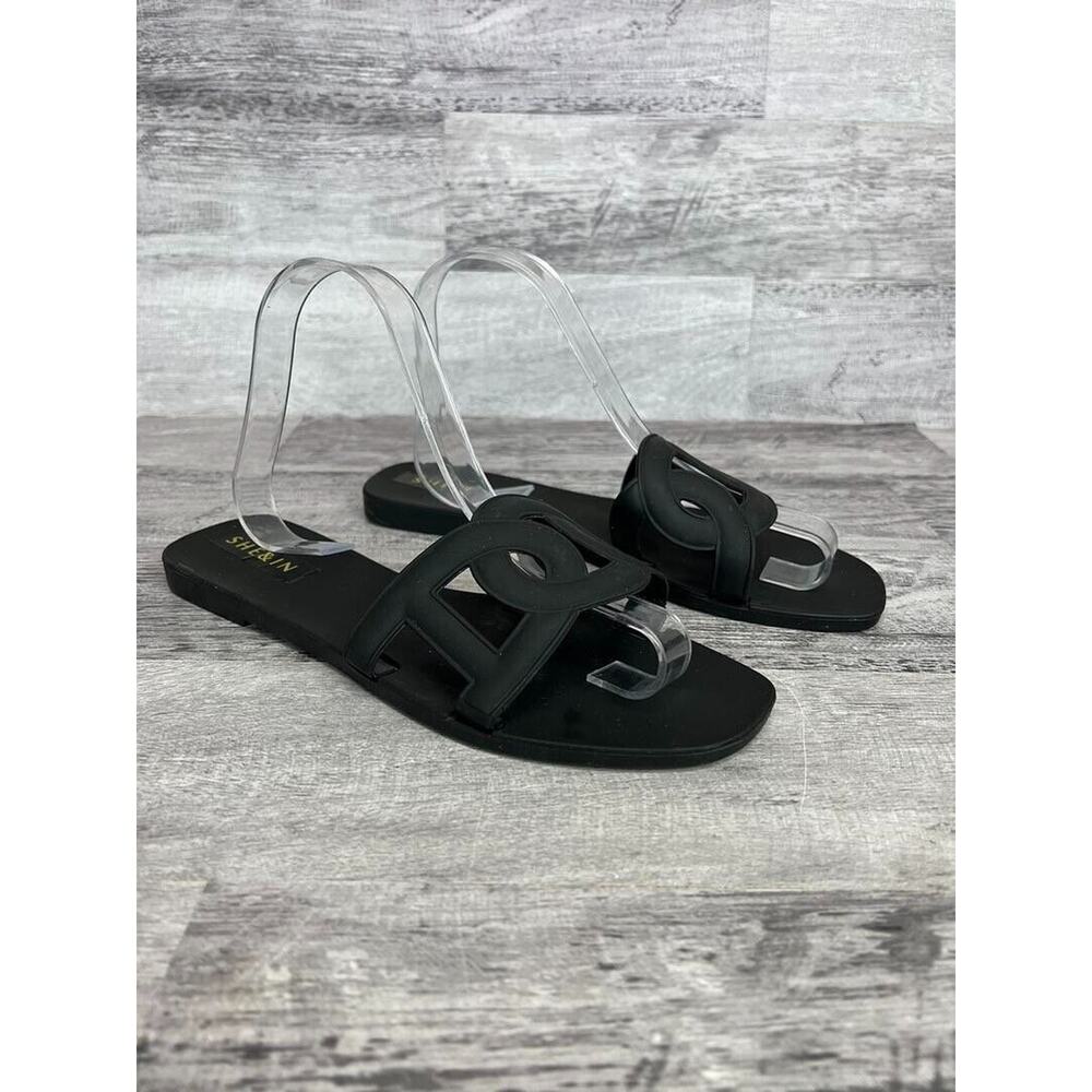 She & In Womens Black Open-Toe Slide Sandals Size 8